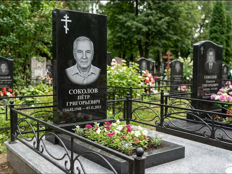 Памятник из чёрного гранита — стела с арочным верхом с православным восьмиконечным крестом, работа «Ковалёв» в Хабаровске