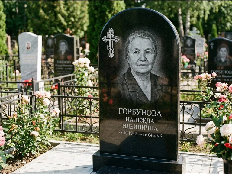 Памятник из чёрного гранита — стела с боковой колонной с крестом в лучах, работа «Мельникова» в Хабаровске