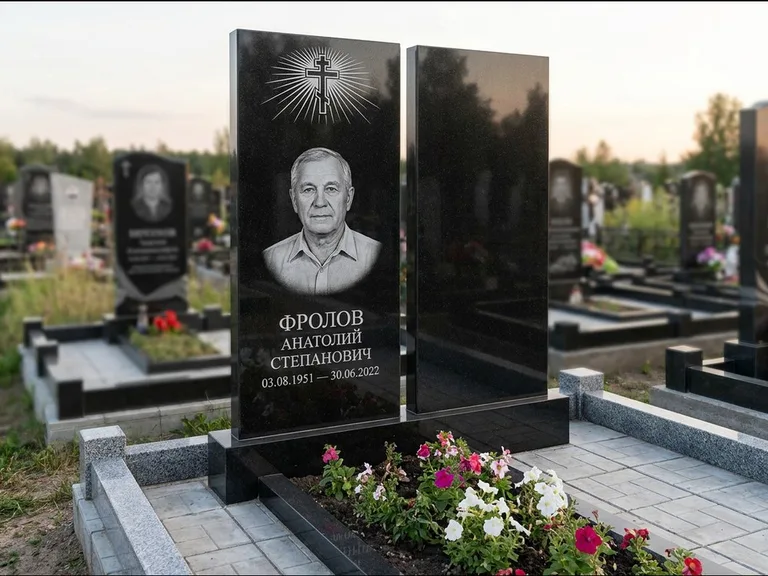 Памятник из чёрного гранита — стела на ступенчатом постаменте с золочёным крестом, работа «Богданов» в Хабаровске
