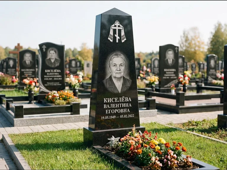 Памятник из чёрного гранита — стела со скошенным верхом с ажурным резным крестом, работа «Селезнёва» в Хабаровске