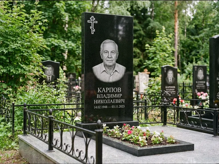 Памятник из чёрного гранита — узкая стела с ажурным крестом с православным восьмиконечным крестом, работа «Гущин» в Хабаровске