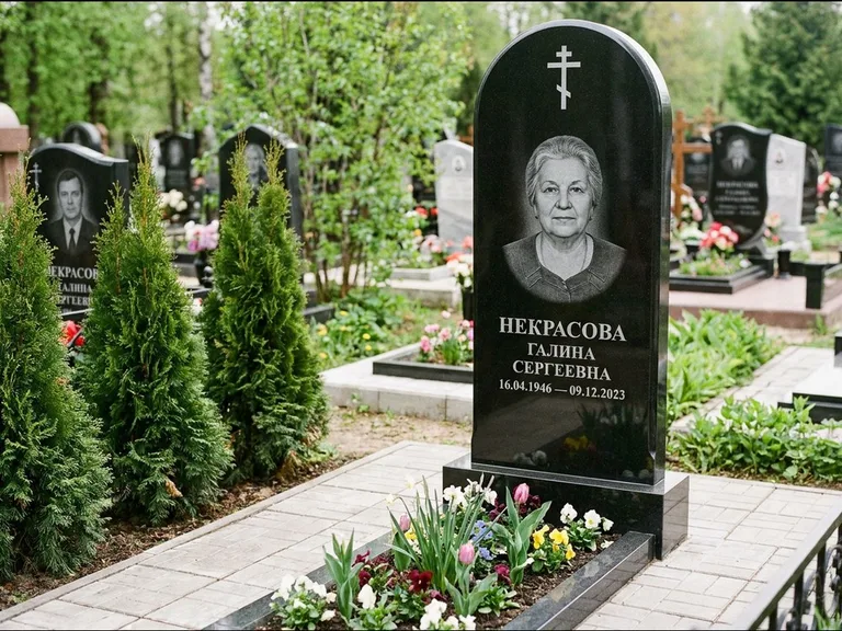 Памятник из чёрного гранита — стела с цветником-плитой с латинским крестом, работа «Лаврентьева» в Хабаровске