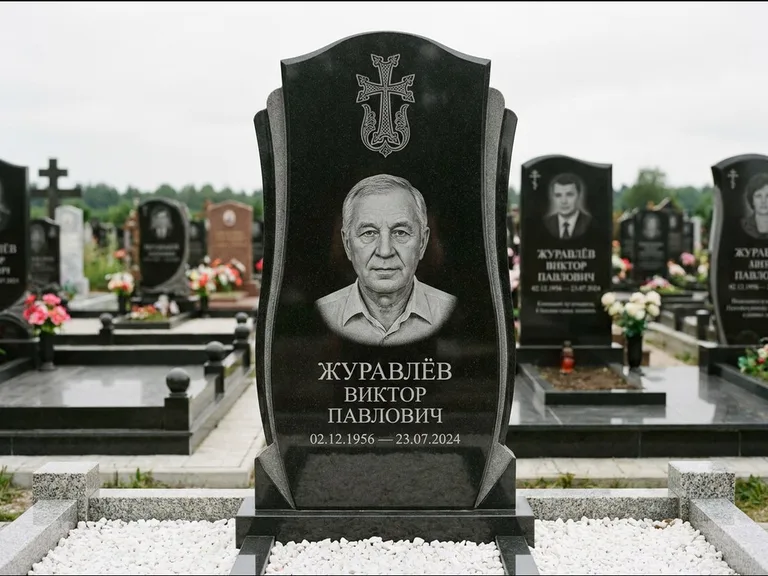 Памятник из чёрного гранита — панорамная стела с армянским хачкаром, работа «Тихонов» в Хабаровске
