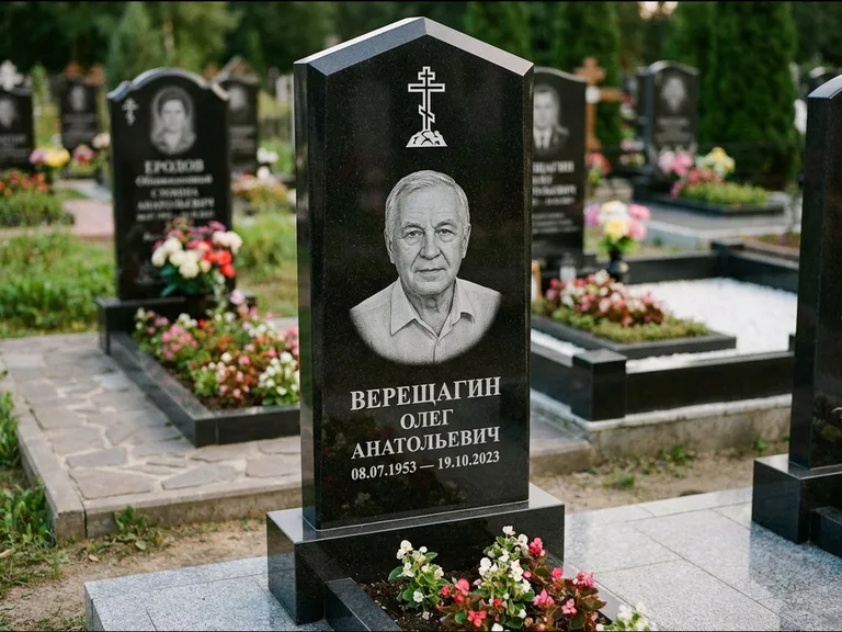 Памятник из чёрного гранита — обелиск-колонна с крестом на Голгофе, работа «Ковалёв» в Хабаровске