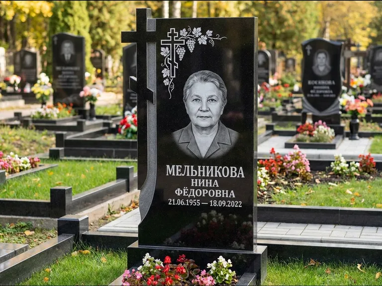 Памятник из чёрного гранита — стела с резной рамкой с крестом с распятием, работа «Некрасова» в Хабаровске