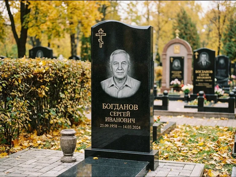 Памятник из чёрного гранита — стела с цветником с процветшим крестом с виноградной лозой, работа «Журавлёв» в Хабаровске