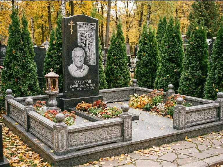 Памятник из чёрного гранита — стела с крестом и лампадой с армянским хачкаром, работа «Гущин» в Хабаровске
