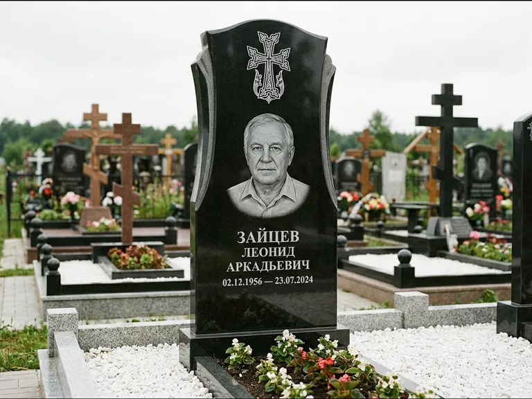 Памятник из чёрного гранита — семейная стела на двоих с армянским хачкаром, работа «Журавлёв» в Хабаровске