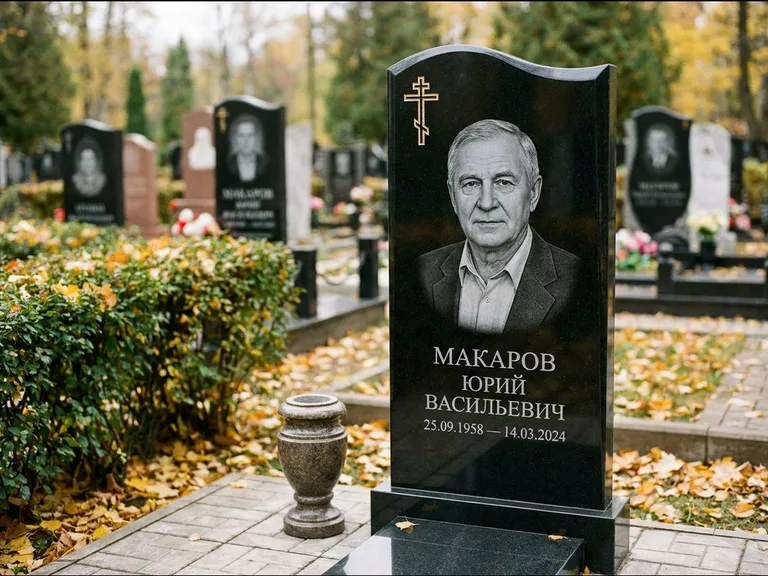 Памятник из чёрного гранита — фигурная стела с киот-нишей с процветшим крестом с виноградной лозой, работа «Богданов» в Хабаровске