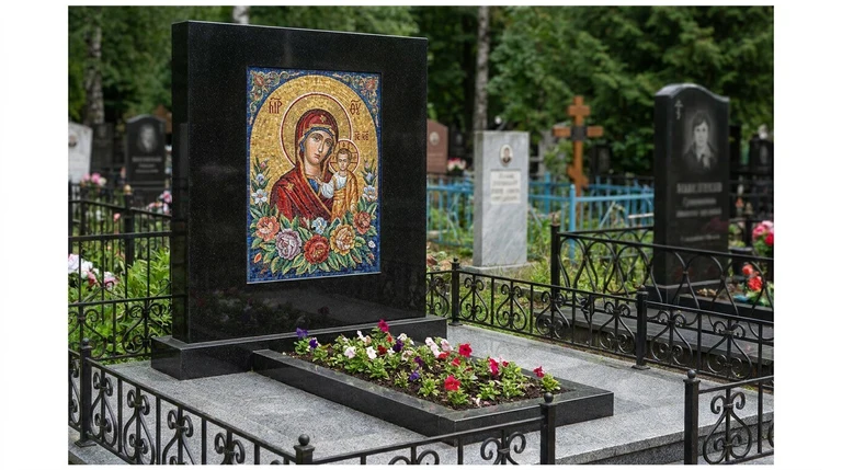 Мозаика на памятник в Хабаровске — цветное панно из смальты на чёрной гранитной стеле