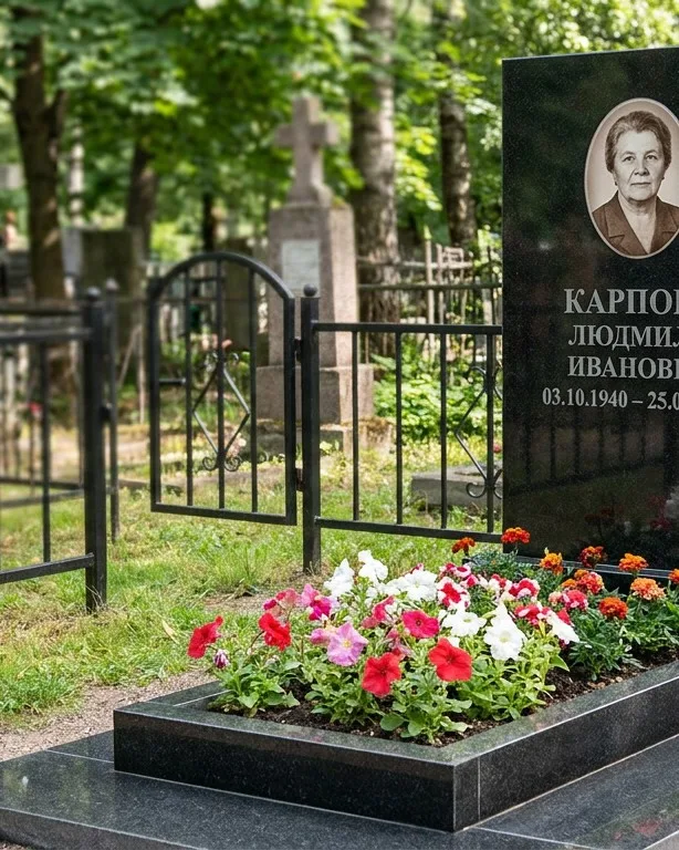 Памятник под ключ с низкой оградой и цветником в Хабаровске