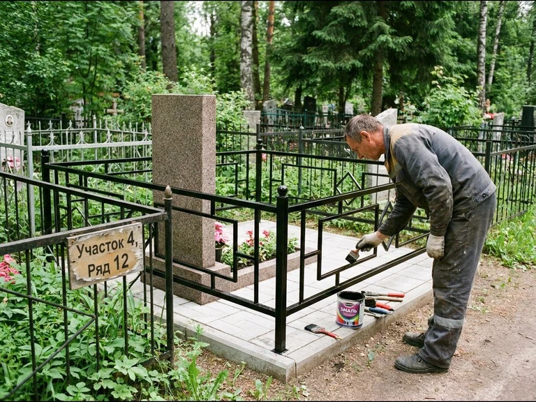 Покраска оградки на кладбище в Хабаровске — мастер красит металлическую ограду на могиле чёрной эмалью