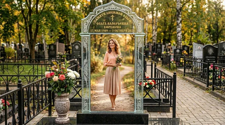 Портрет на стекле в форме арки на памятнике в Хабаровске