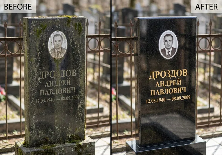 Чистка и полировка гранитного памятника: до и после в Хабаровске