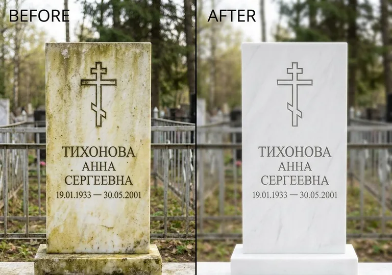 Восстановление мраморного надгробия от желтизны: до и после в Хабаровске