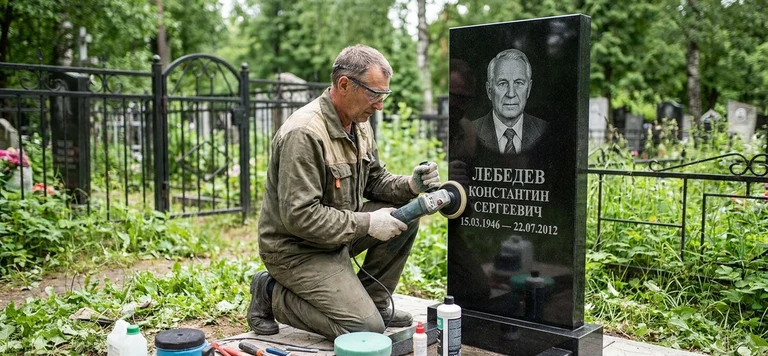 Реставрация памятника в Хабаровске — восстановление гранита, заделка трещин и обновление надписей на кладбище