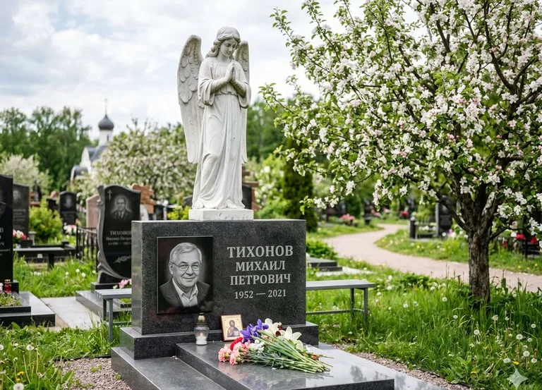 Мраморный молящийся ангел на гранитном памятнике весной в Хабаровске
