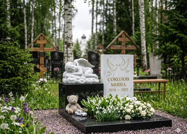 Белый ангелочек на детском памятнике в Хабаровске