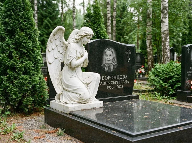 Белый мраморный ангел на гранитном памятнике в Хабаровске