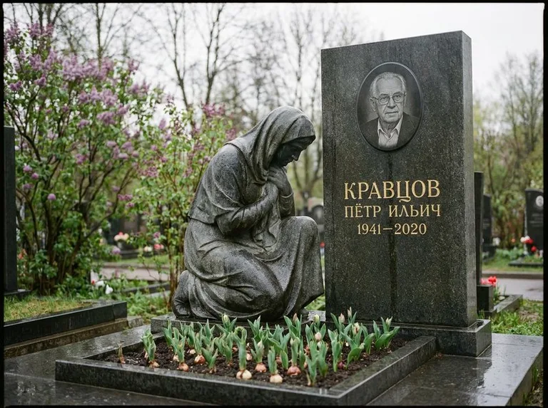 Гранитная скорбящая фигура у стелы на кладбище в Хабаровске
