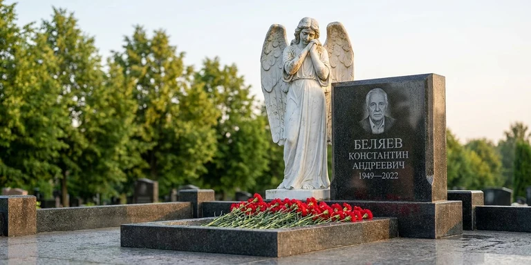 Скульптура на памятник в Хабаровске — мраморный ангел на гранитном мемориале
