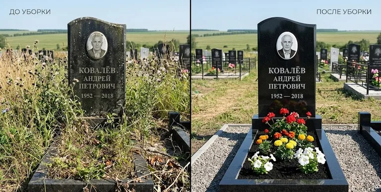 Уборка могилы до и после — ухоженный участок в Хабаровске
