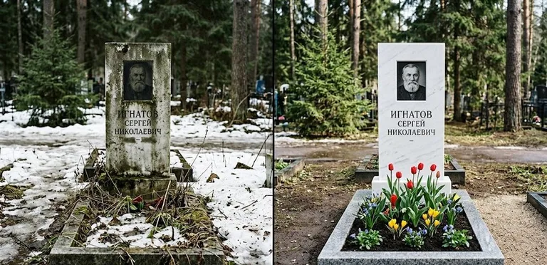 Диптих №6: высадка хризантем у подножия серого гранита — до и после уборки в Хабаровске