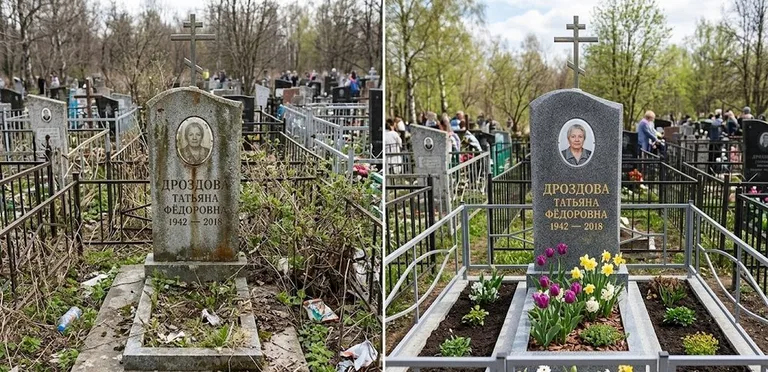 Диптих №4: свежепокрашенная серебром оградка и отмытый красный гранит — до и после в Хабаровске