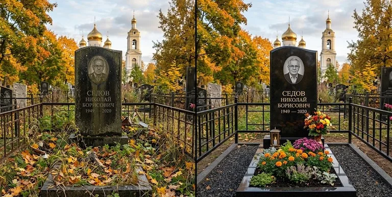 Уборка могилы до и после осенью — у церкви в Хабаровске