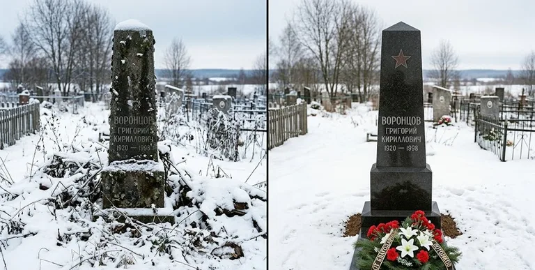 Уборка могилы до и после зимой — воинский обелиск в Хабаровске