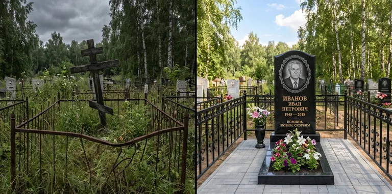 Благоустройство могилы до и после установки памятника в Хабаровске