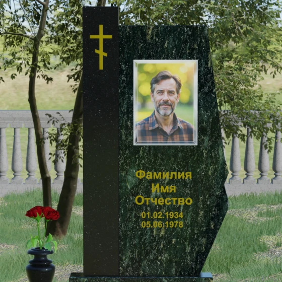 Комбинированный памятник с колонной из красного гранита, гранит Балтик грин