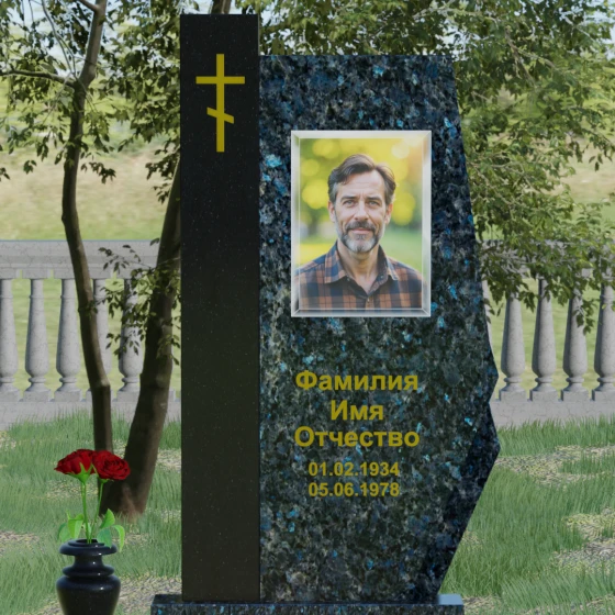 Комбинированный памятник с колонной из красного гранита, гранит Блю Перл