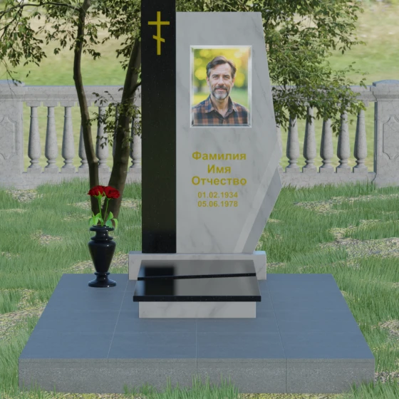 Комбинированный памятник с колонной из красного гранита, мрамор Тассос, вид 2