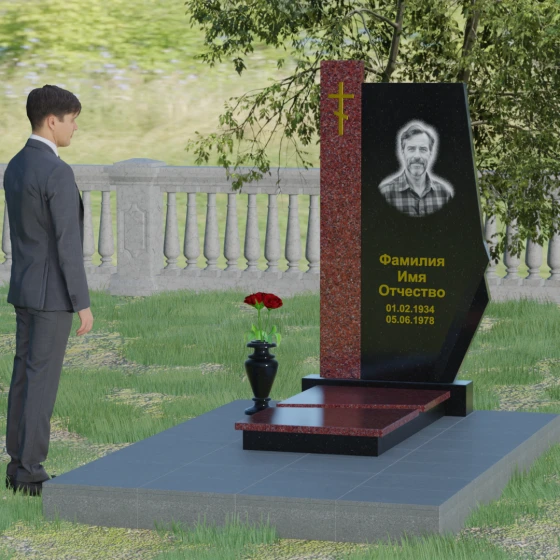 Комбинированный памятник с колонной из красного гранита, гранит Габбро-диабаз, вид 3