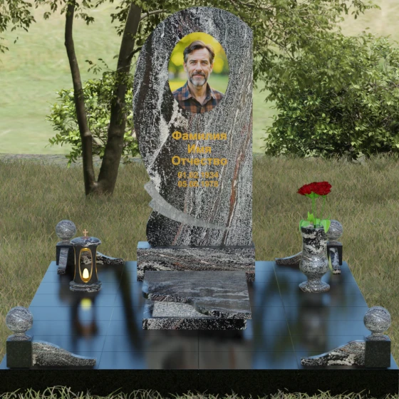 Гранитный памятник «Волна» с изгибом, гранит амфиболит, вид 2