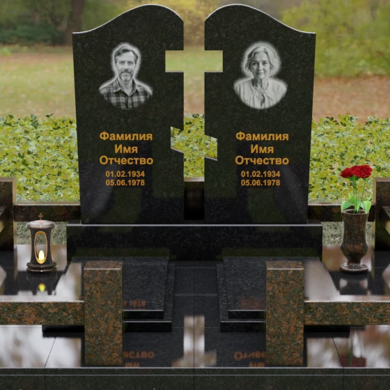 Двойной гранитный памятник-пазл с волной, гранит Габбро-диабаз, вид 2