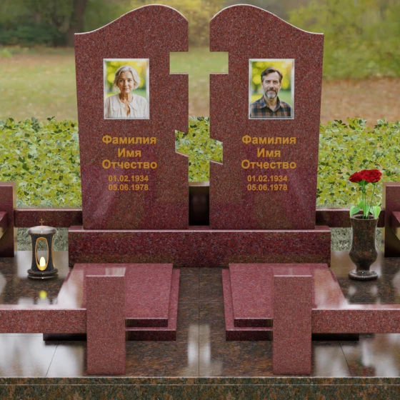 Двойной гранитный памятник-пазл с волной, гранит Лезниковский, вид 2