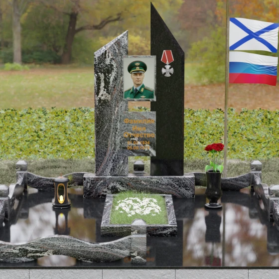 Комбинированный памятник с орденом Мужества, гранит амфиболит, вид 2