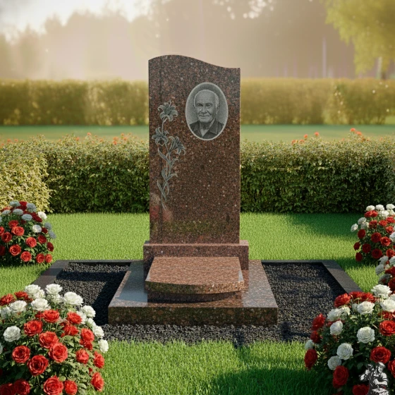 Гранитный памятник-волна с гравировкой лилий, гранит Дымовский