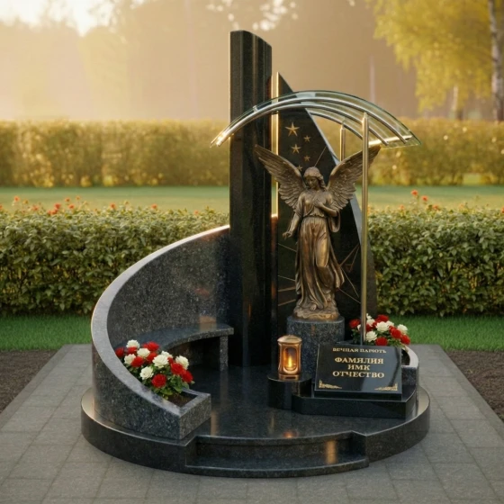 Надгробие со стеклянным куполом и ангелом из гранита, гранит Габбро-диабаз