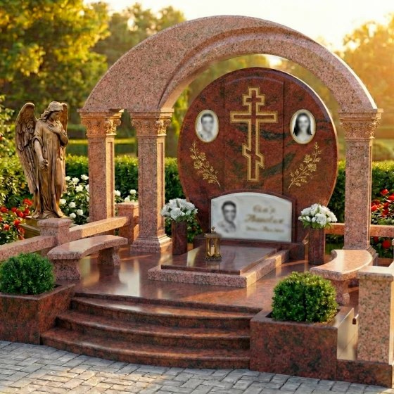 Православный гранитный памятник с аркой и колоннами, гранит Лезниковский