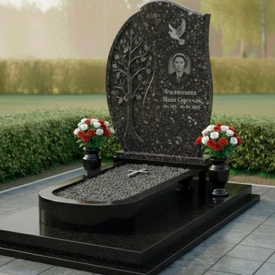 Гранитный мемориал с деревом и голубем, гранит амфиболит