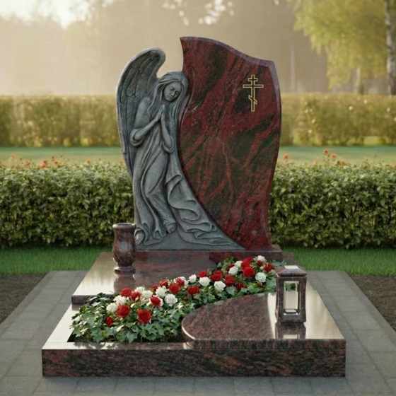 Гранитный памятник со скорбящим ангелом, гранит Лезниковский