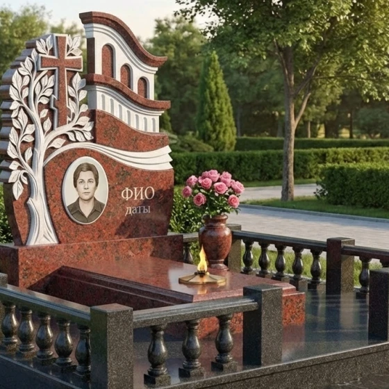 Православный гранитный памятник с деревом и крестом, гранит Лезниковский