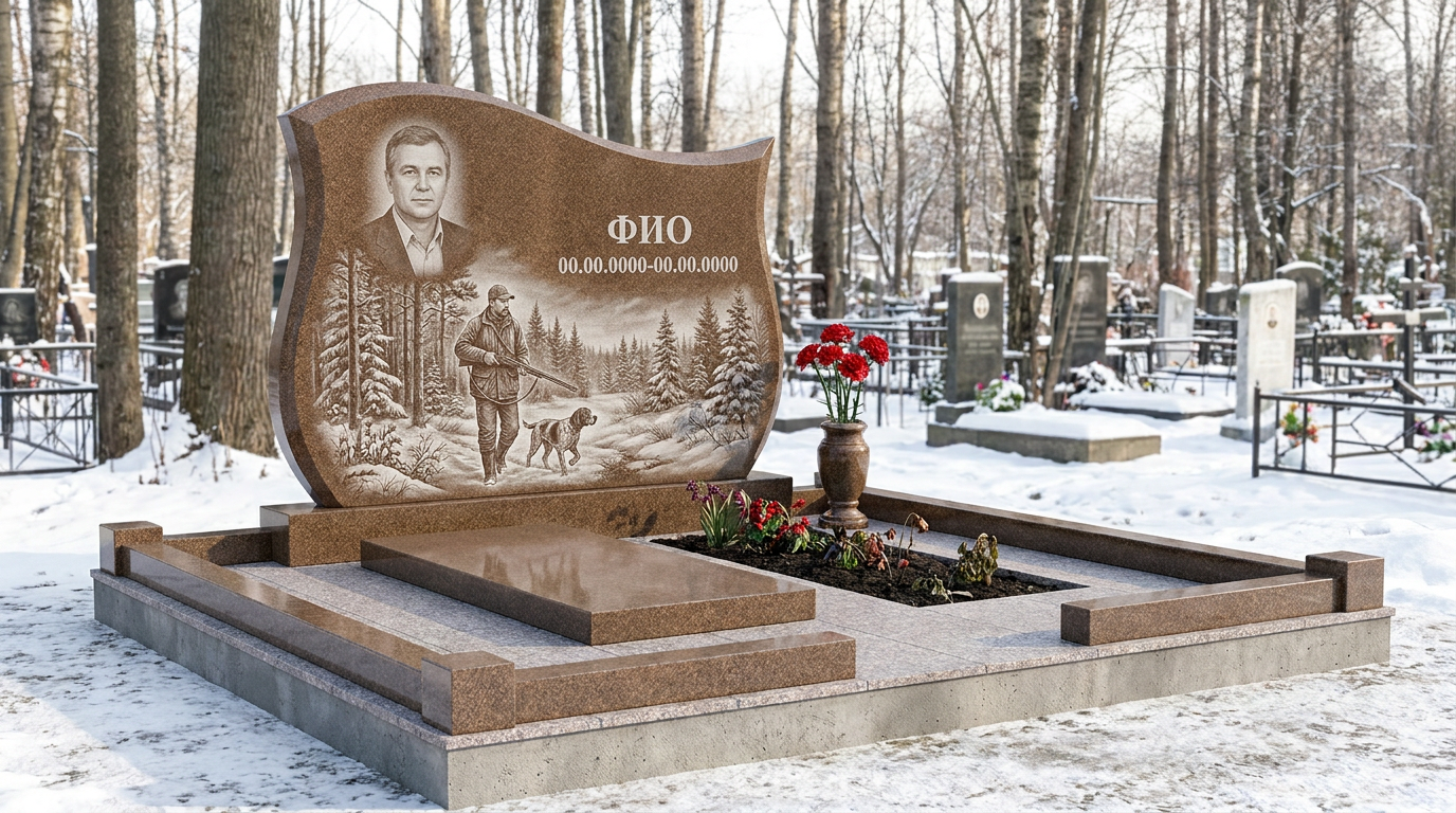 Пример дизайна: Гранитный памятник охотнику в виде скалы со сценой охоты