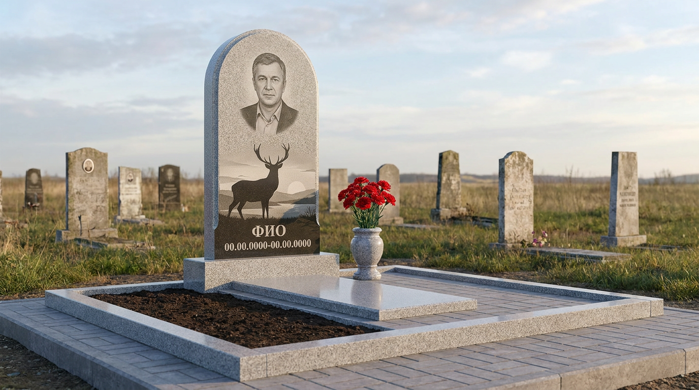 Пример дизайна: Гранитный памятник охотнику с аркой с охотничьим рогом