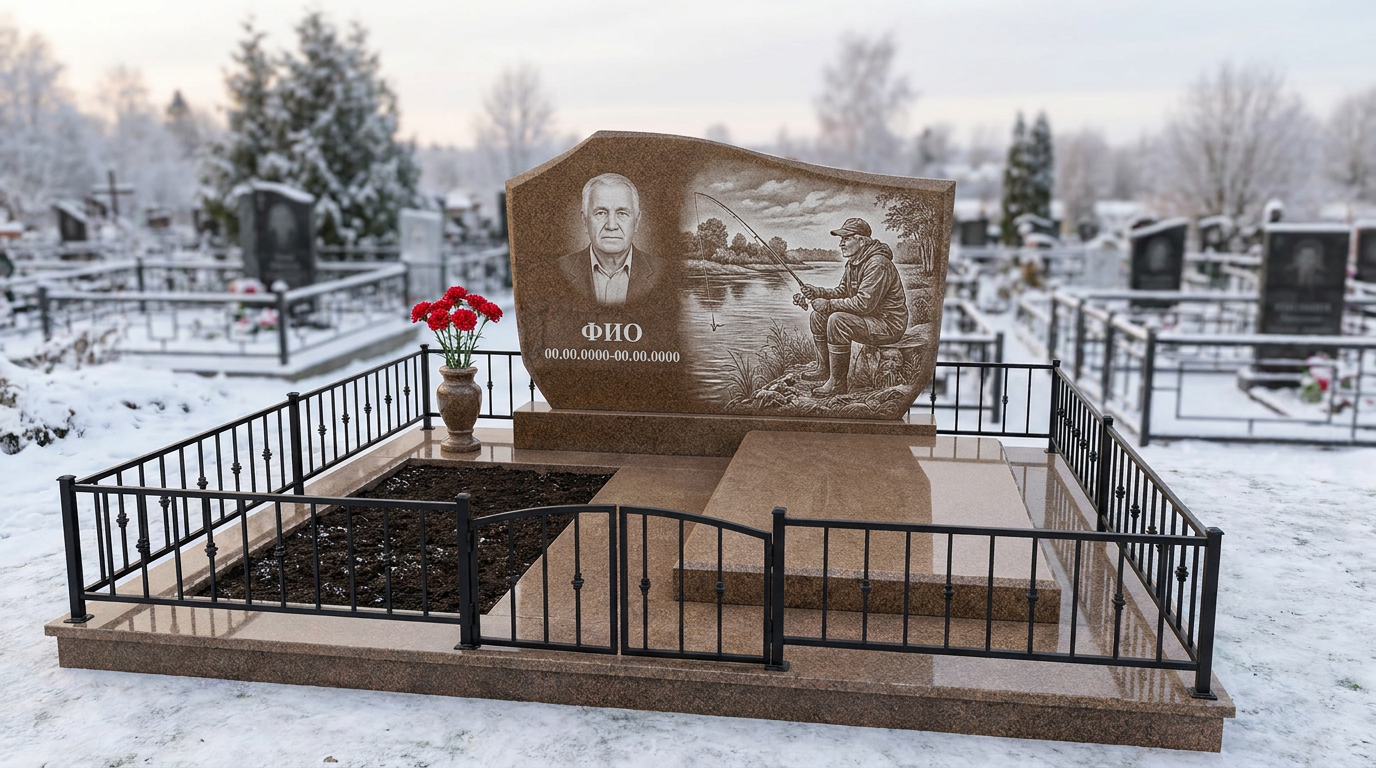 Пример дизайна: Гранитный памятник рыбаку в виде скалы с рыбацкой лодкой