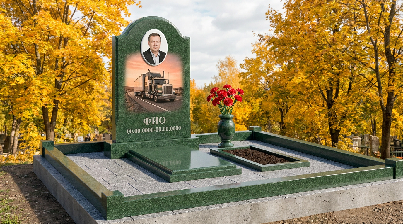 Пример дизайна: Гранитный памятник дальнобойщику с арочным верхом с рулём и трассой
