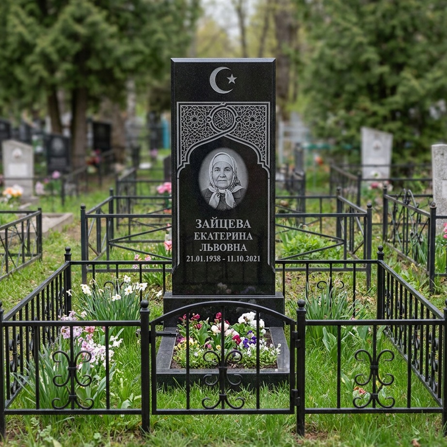 Пример дизайна: Мусульманский памятник с полумесяцем из чёрного гранита — фото и цена